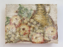 Brushed still life (2020), brushed vintage needlepoint and acrylic medium, 12 x 20cm